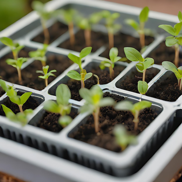 un grupo de plántulas de plantas con un recipiente de plástico blanco que dice " planta "