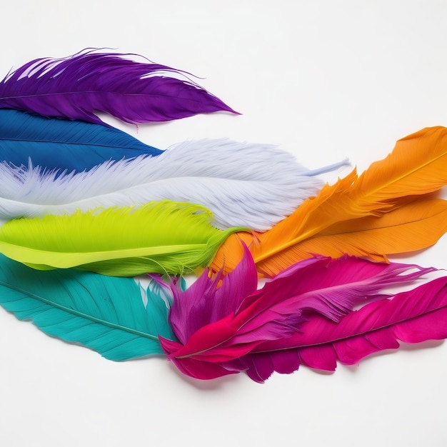 Foto un grupo de plumas de colores está sobre un fondo de superficie blanca