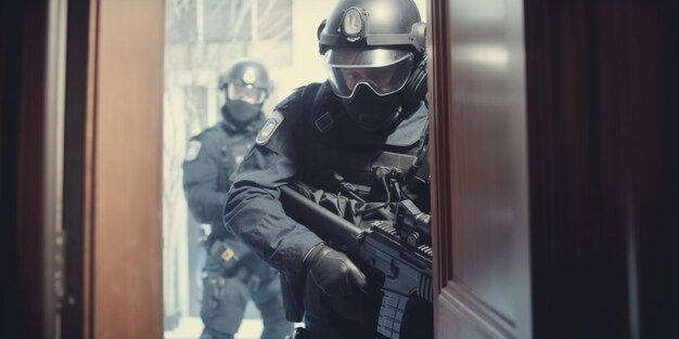 Un grupo de policías antidisturbios entra en una habitación.