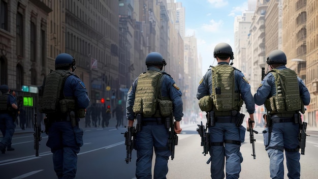 Un grupo de policías camina por una calle de la ciudad.