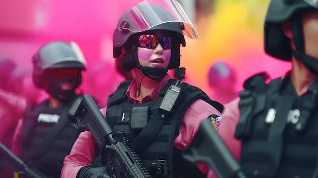 Un grupo de policías con uniformes rosas se paran frente a un fondo rosa.