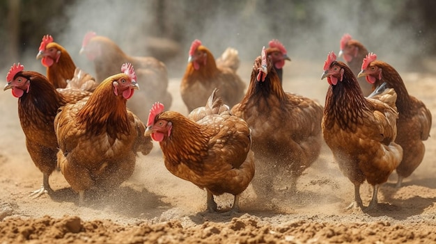 Un grupo de pollos camina alrededor de una nube de polvo.