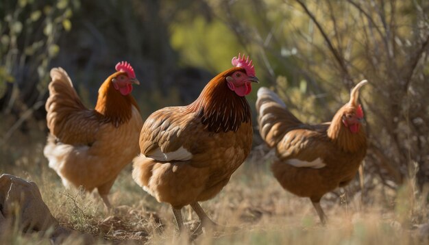 Un grupo de pollos en un campo.