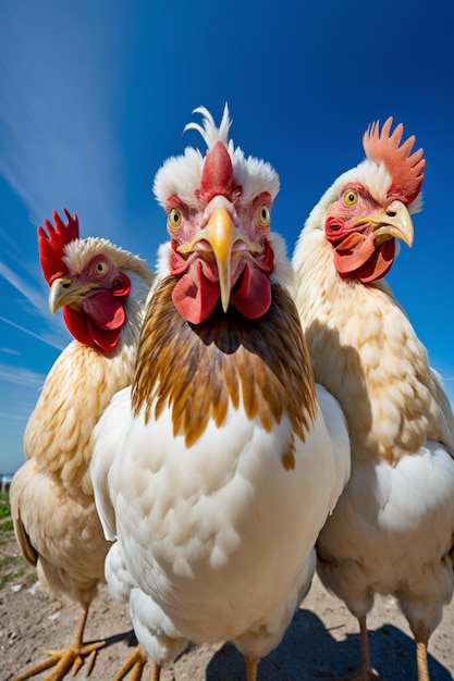 Un grupo de pollos con un cielo azul detrás de ellos.