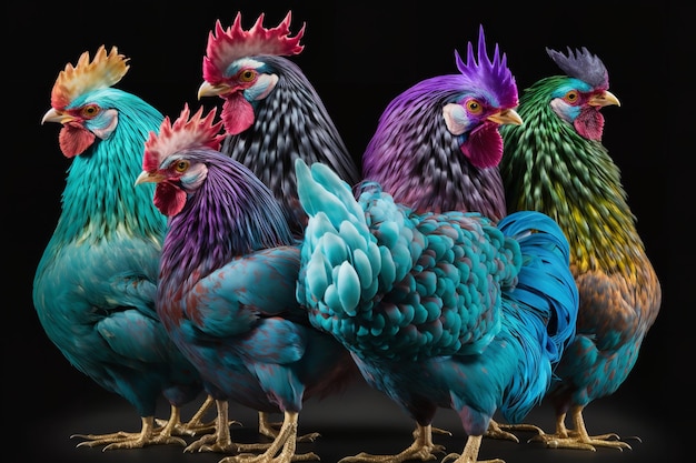 Foto un grupo de pollos coloridos con la palabra pollo en la espalda.