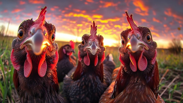 Un grupo de pollos de pie estrechamente juntos en un campo verde