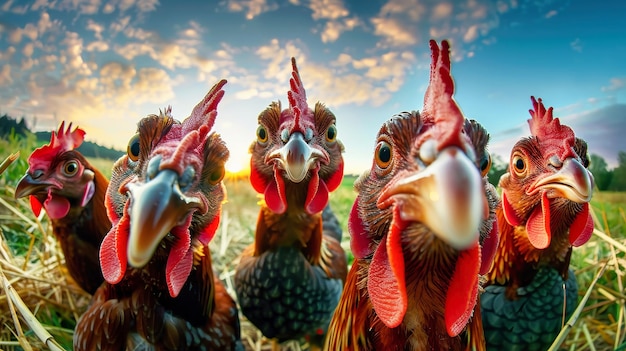 Un grupo de pollos de pie juntos en una gallina