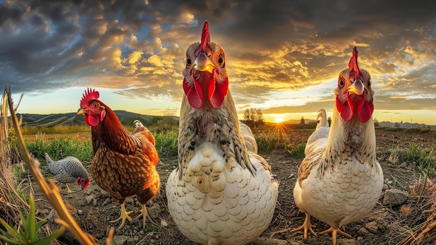 Un grupo de pollos de pie en la parte superior de un campo cubierto de hierba