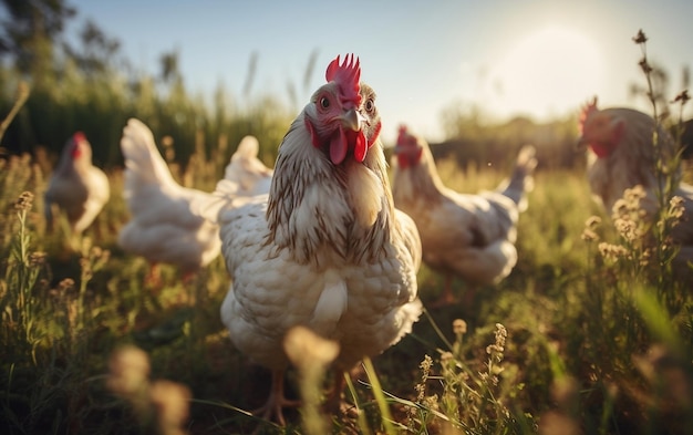 Un grupo de pollos de pie en la parte superior de un campo verde exuberante AI