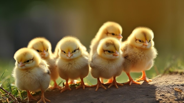 Un grupo de pollos en un tocón de árbol