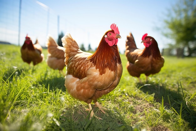 Un grupo de pollos vagando libremente en un prado soleado