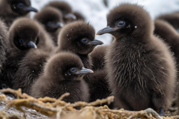 Grupo de polluelos de pingüinos acurrucados junto con mamá montando guardia creado con inteligencia artificial generativa