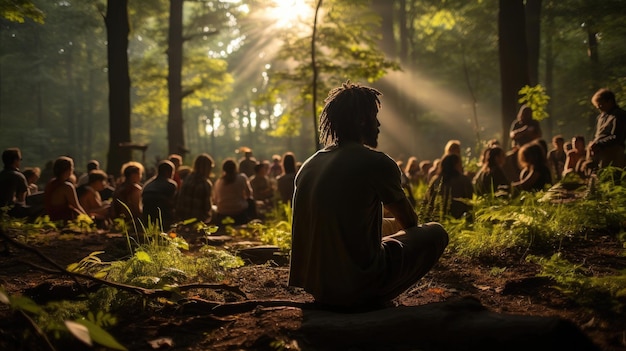 Grupo practicando yoga en medio de un sereno entorno forestal