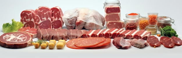 Foto un grupo de productos de carne hervida se muestran en el estilo de capas transparentes