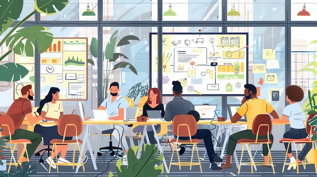 Un grupo de profesionales diversos discute ideas en una oficina moderna