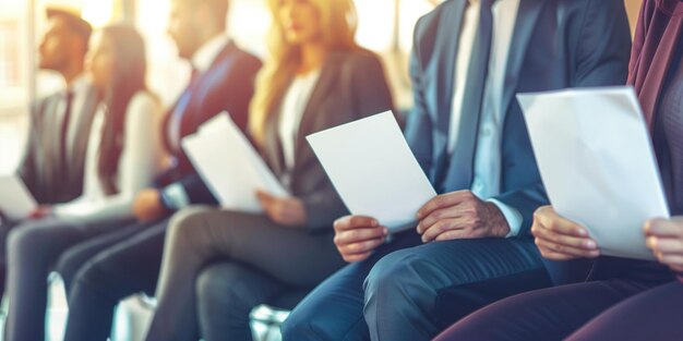 Grupo de profesionales diversos esperando con currículums en la mano para entrevistas de trabajo