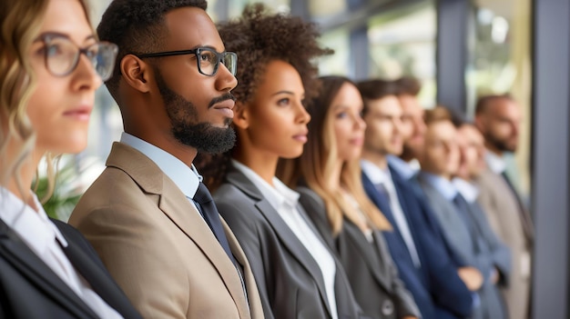 Un grupo de profesionales de negocios diversos de pie en una fila mirando hacia la distancia Todos llevan trajes o vestimenta formal de negocios