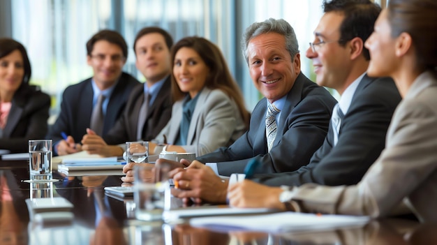 Un grupo de profesionales de negocios están sentados alrededor de una mesa de conferencias teniendo una reunión todos están sonriendo y mirando a algo o a alguien