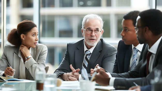 Un grupo de profesionales de negocios están sentados alrededor de una mesa teniendo una reunión todos llevan trajes y parecen serios