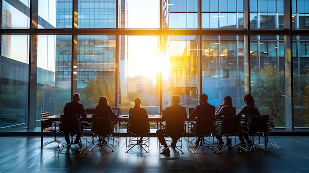 Un grupo de profesionales de negocios están sentados en una sala de conferencias mirando el horizonte de la ciudad