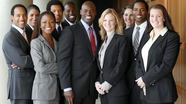 Un grupo de profesionales de negocios exitosos posando juntos en una oficina moderna todos están sonriendo y con trajes o vestimenta formal de negocios