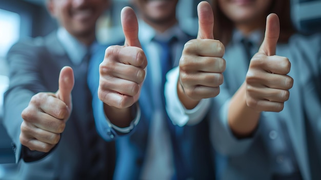 Foto grupo de profesionales de negocios que muestran los pulgares hacia arriba como señal de aprobación trabajo en equipo corporativo positivo y éxito estilo casual de la oficina fondo borroso ia