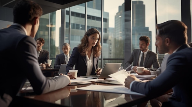 Un grupo de profesionales de los negocios se reúnen alrededor de un escritorio participando en una discusión enfocada