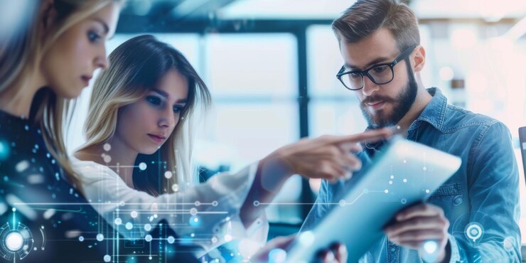 Un grupo de profesionales de negocios teniendo una reunión alrededor de una mesa en una oficina moderna