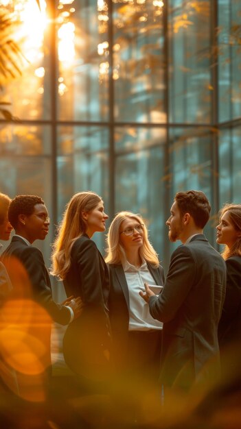 Un grupo de profesionales de negocios teniendo una reunión en un edificio de oficinas moderno con grandes ventanas.