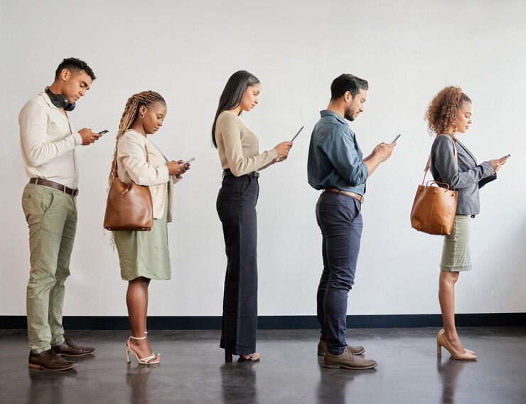 Foto grupo profissional e celular em uma fila em uma entrevista de emprego em uma agência ou local de trabalho empresários e esperando com celular por entrevista de emprego em uma empresa para recrutamento ou rh