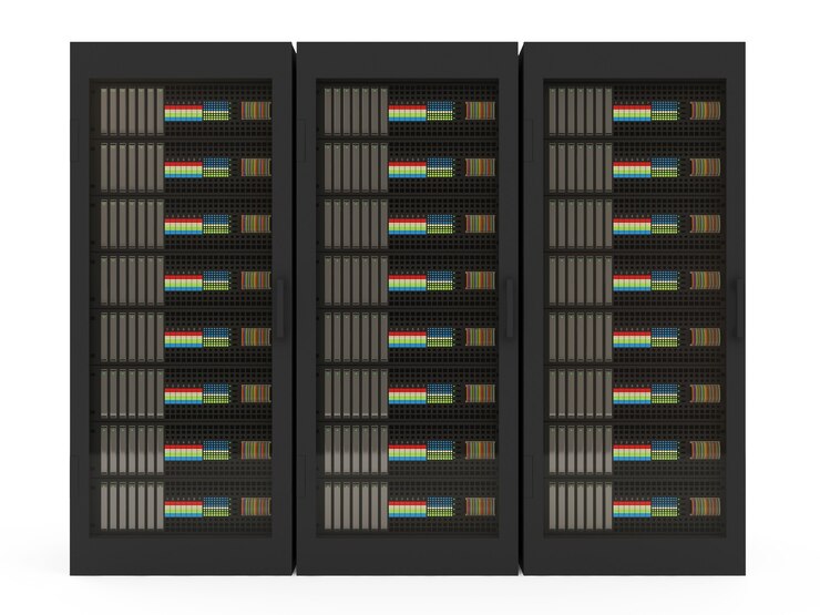 Foto grupo de rack de servidor moderno aislado sobre fondo blanco.