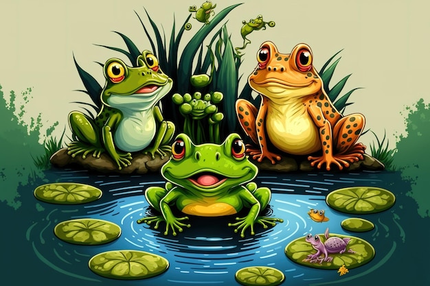 Un grupo de ranas divertidas cerca del estanque.