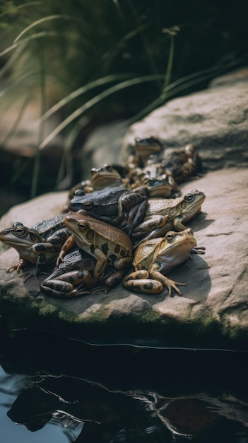 Un grupo de ranas sentadas sobre una roca Imagen generativa de IA