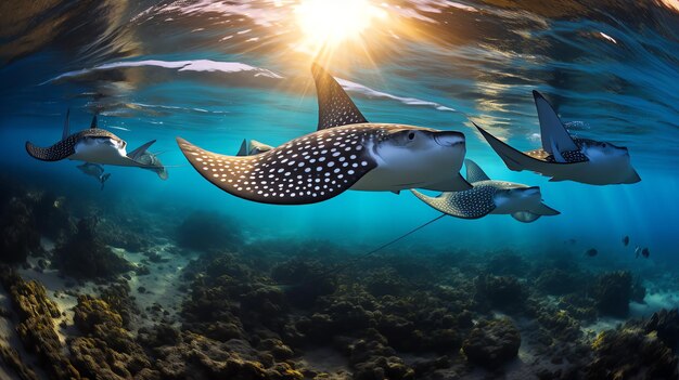 Foto un grupo de rayas manchadas nadando en el agua