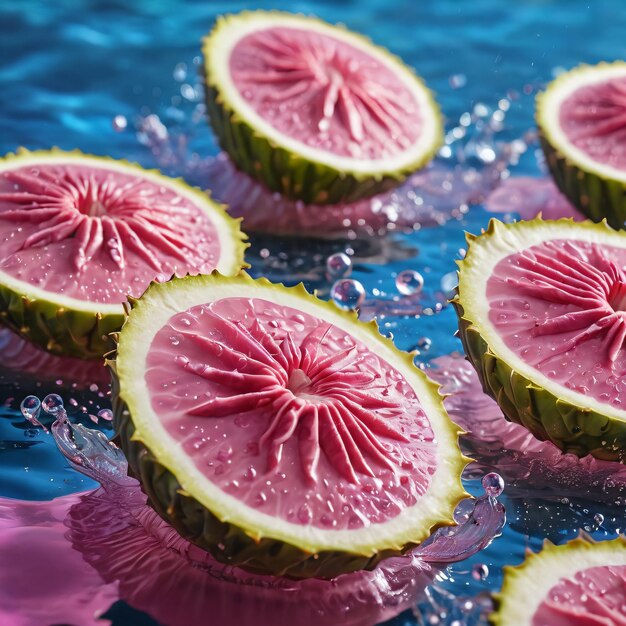 Foto un grupo de rebanadas de sandía flotando en una piscina de agua con gotas de agua en ellas y un flujo rosa