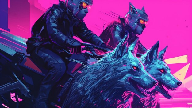 Foto un grupo de rebeldes cabalgando sobre lobos cibernéticos concepto de fantasía pintura de ilustración ia generativa