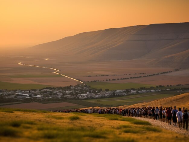 Grupo de refugiados pobres en una luz del atardecer gente caminando desde la guerra o el poder