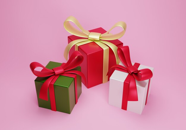 Grupo de regalo de navidad 3d sobre fondo rosa