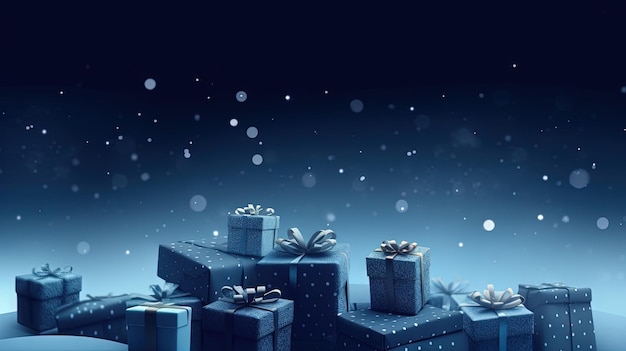 Grupo de regalos de Navidad sobre fondo azul Cajas con cintas para vacaciones de invierno IA generada