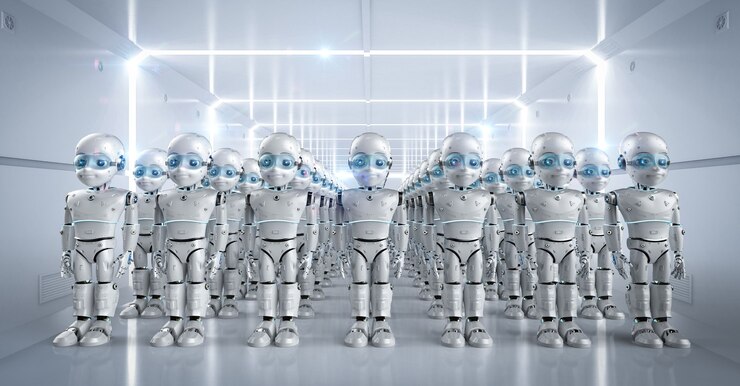 Foto grupo de renderizado 3d de lindos robots con personaje de dibujos animados