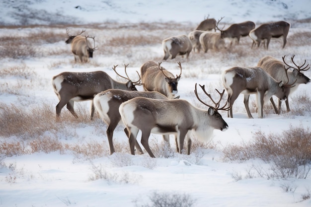 Un grupo de renos pastando en la nieve.