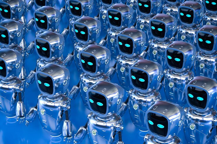 Foto grupo de representación 3d de automatización o robots asistentes.