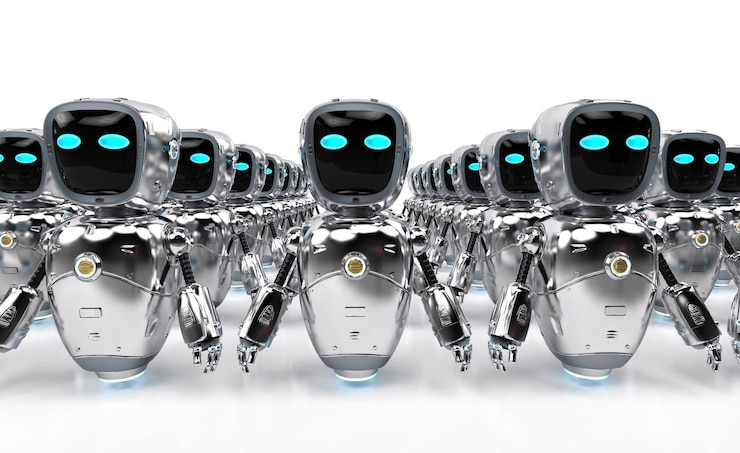 Foto grupo de representación 3d de automatización o robots asistentes.