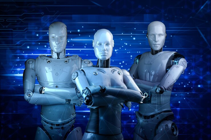 Foto grupo de representación 3d de cyborgs masculinos y femeninos