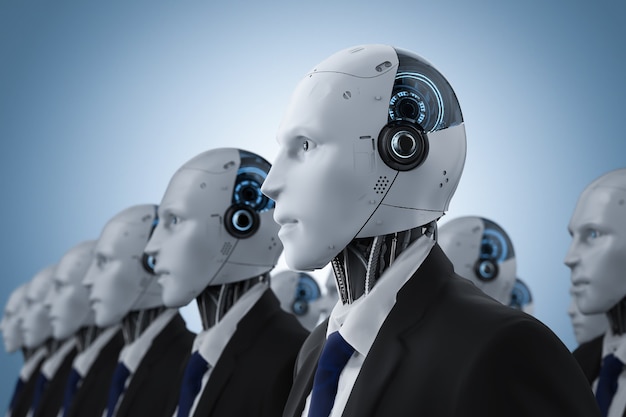 Grupo de representación 3D de hombre de negocios robótico o ensamblaje de robot