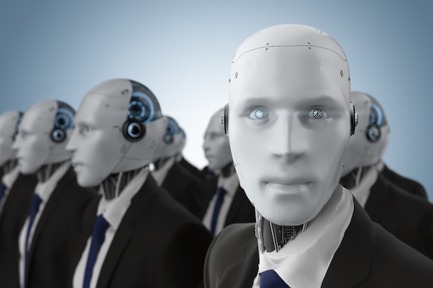 Grupo de representación 3D de hombre de negocios robótico o ensamblaje de robot