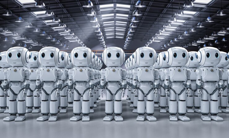 Foto grupo de representación 3d de lindos robots de inteligencia artificial o ejército de robots con personaje de dibujos animados