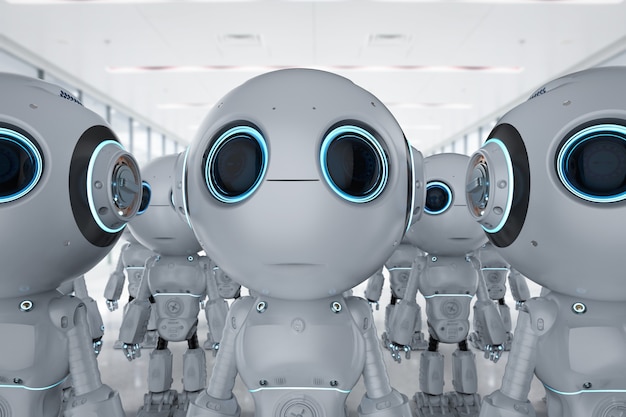 Grupo de representación 3D de lindos robots de inteligencia artificial con personaje de dibujos animados