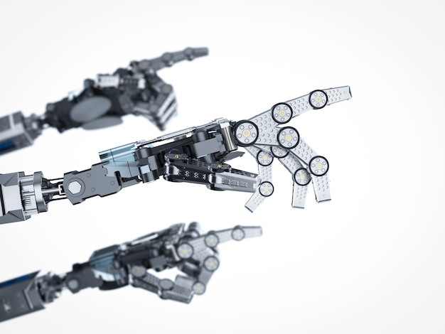 Grupo de representación 3D de mano robótica o punto de dedo de mano cyborg aislado en blanco