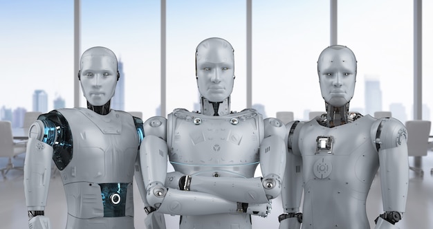 Grupo de representación 3D de robot de inteligencia artificial para el trabajo en equipo